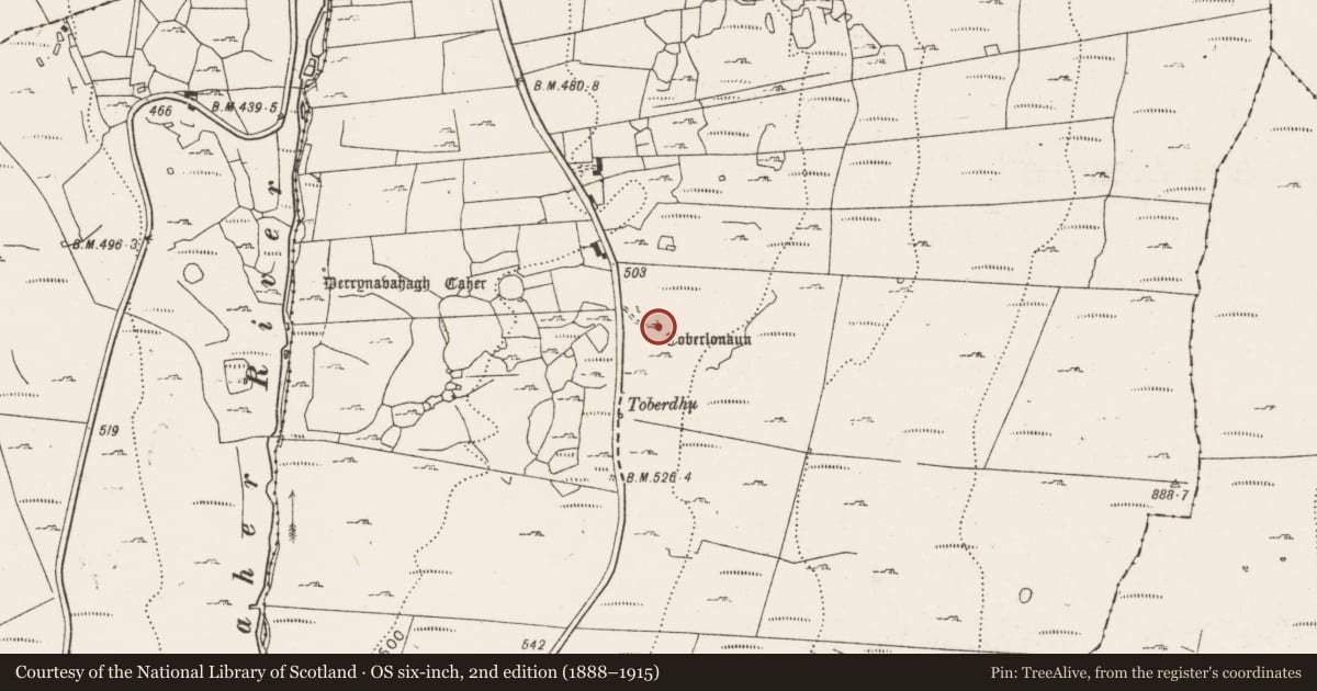 Ordnance Survey six-inch map, 2nd edition (1888–1915) covering the location of Ritual site - holy well, Derrynavahagh, County Clare, with a pin at the register's coordinates