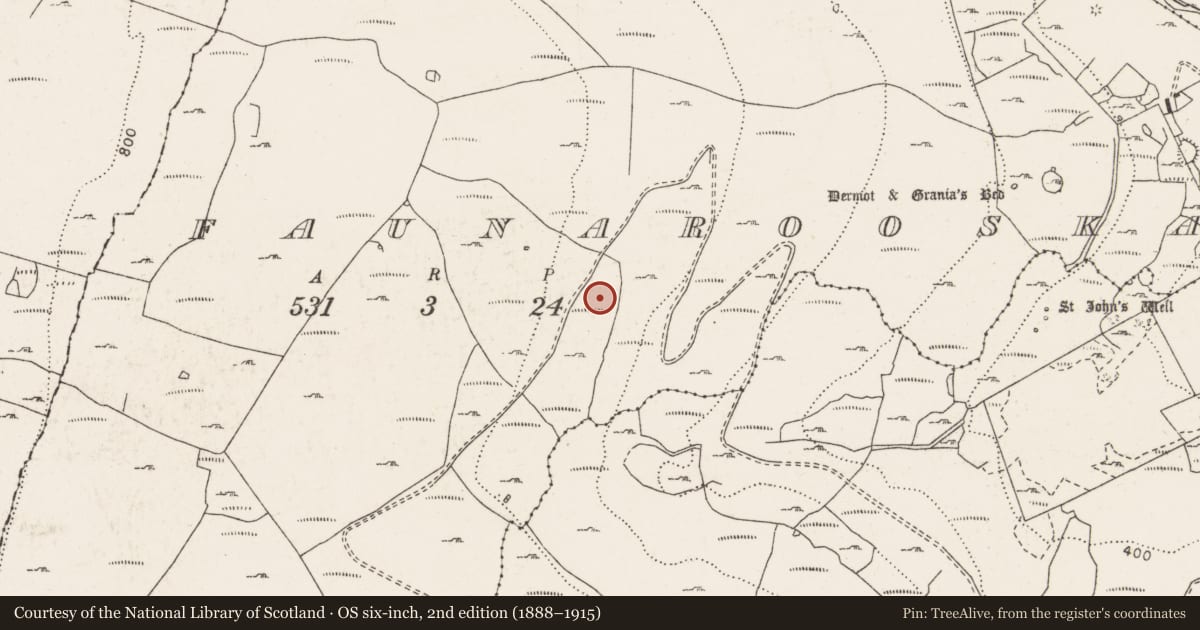 Ordnance Survey six-inch map, 2nd edition (1888–1915) covering the location of Ringfort - cashel, Faunarooska, County Clare, with a pin at the register's coordinates