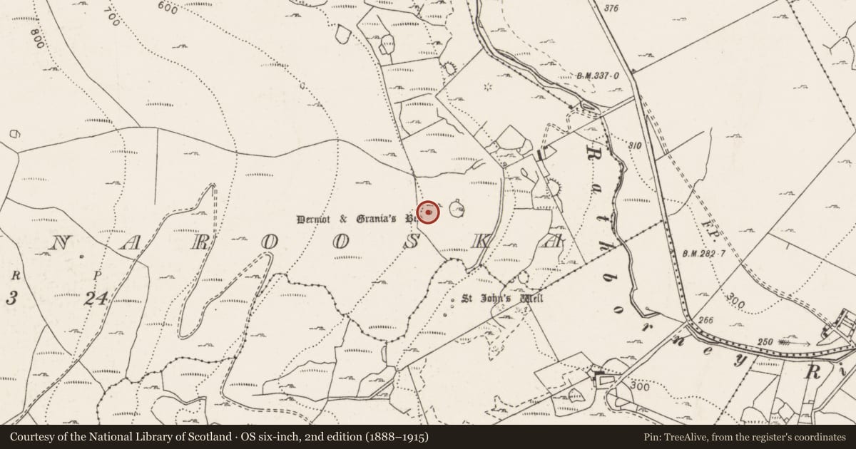 Ordnance Survey six-inch map, 2nd edition (1888–1915) covering the location of Megalithic tomb - unclassified, Faunarooska, County Clare, with a pin at the register's coordinates