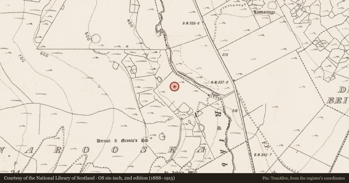 Ordnance Survey six-inch map, 2nd edition (1888–1915) covering the location of Hut site, Faunarooska, County Clare, with a pin at the register's coordinates