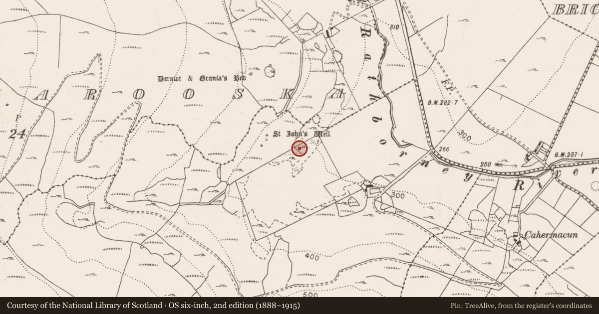 Ordnance Survey six-inch map, 2nd edition (1888–1915) covering the location of Fulacht fia, Poulacapple, County Clare, with a pin at the register's coordinates