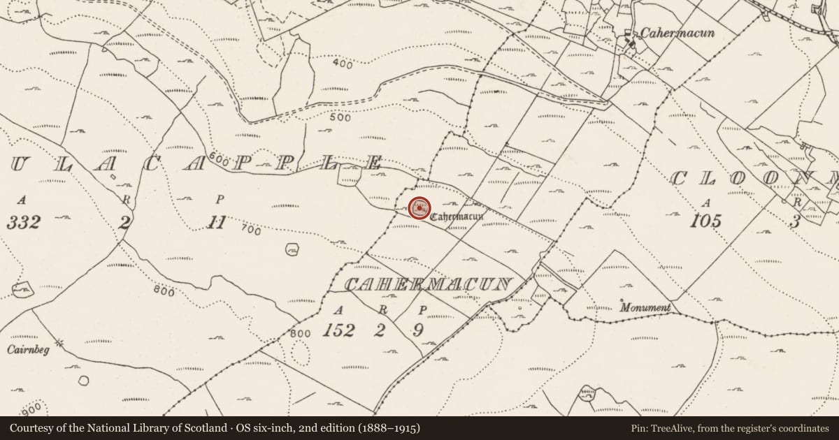 Ordnance Survey six-inch map, 2nd edition (1888–1915) covering the location of Ringfort - cashel, Cahermacun, County Clare, with a pin at the register's coordinates