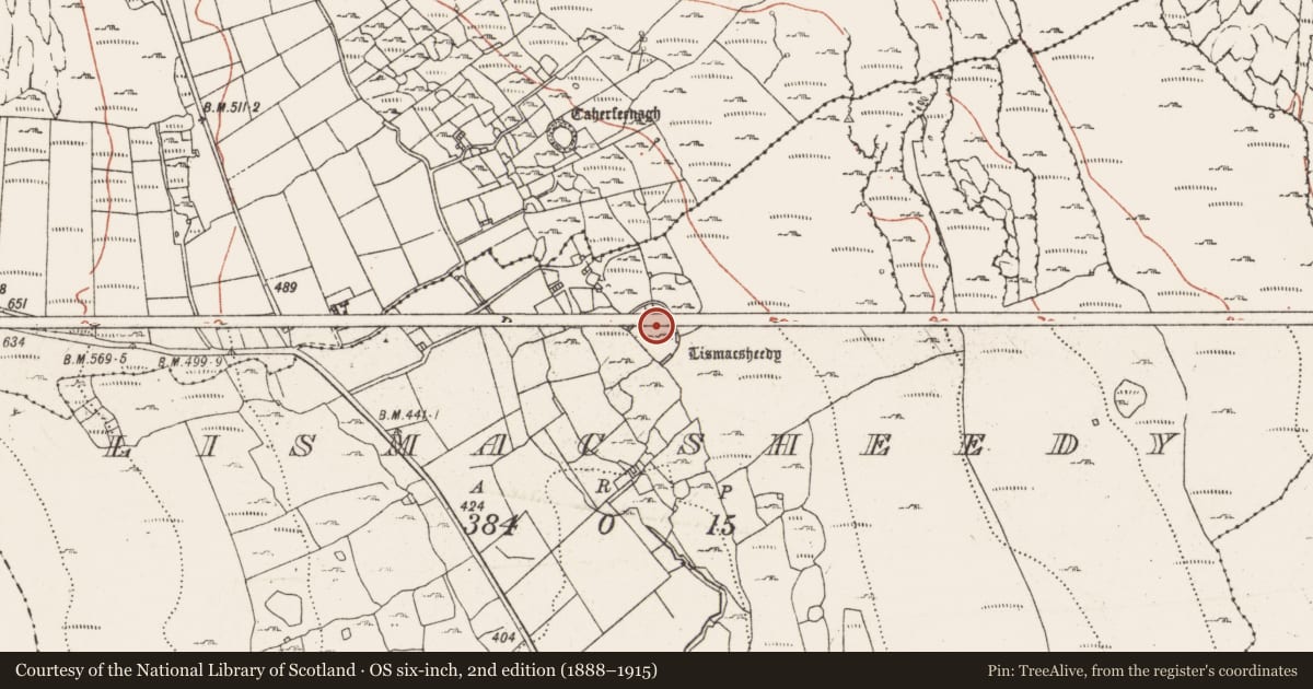 Ordnance Survey six-inch map, 2nd edition (1888–1915) covering the location of House - indeterminate date, Lismacsheedy, County Clare, with a pin at the register's coordinates