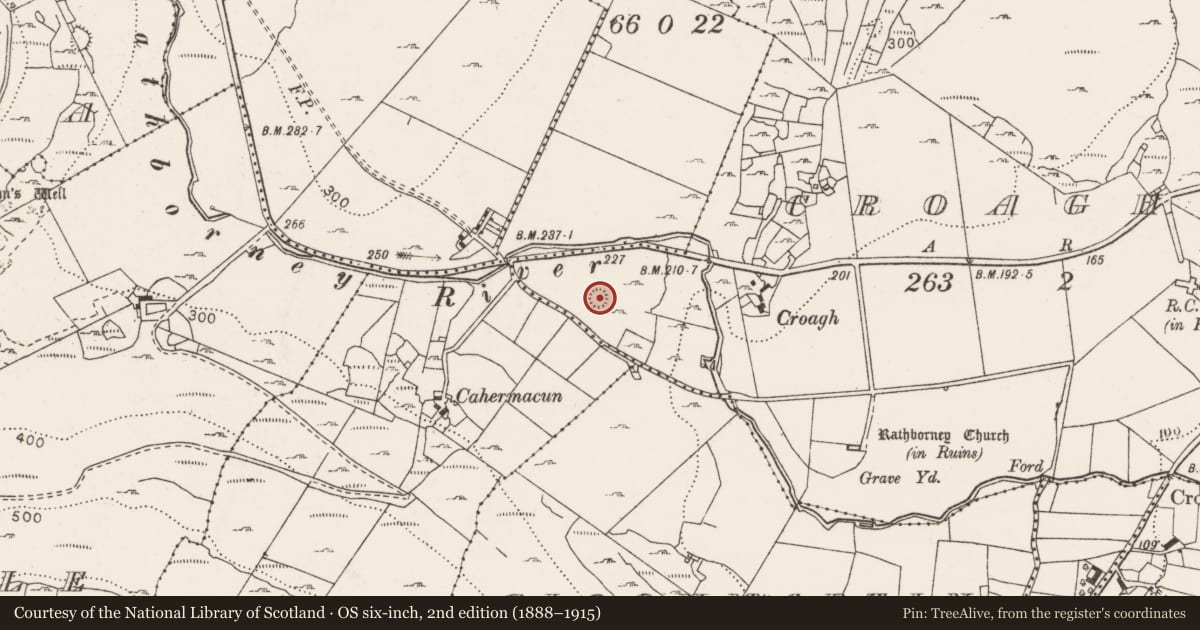Ordnance Survey six-inch map, 2nd edition (1888–1915) covering the location of Ringfort - cashel, Croagh North, County Clare, with a pin at the register's coordinates