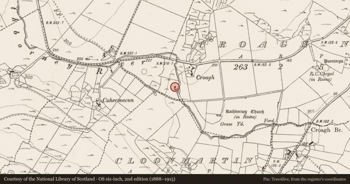 Ordnance Survey six-inch map, 2nd edition (1888–1915) covering the location of Fulacht fia, Croagh North, County Clare, with a pin at the register's coordinates