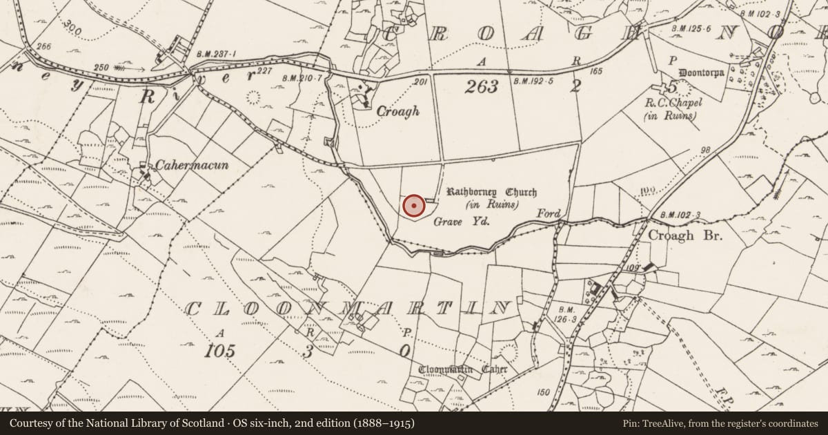 Ordnance Survey six-inch map, 2nd edition (1888–1915) covering the location of Ecclesiastical enclosure, Croagh North, County Clare, with a pin at the register's coordinates
