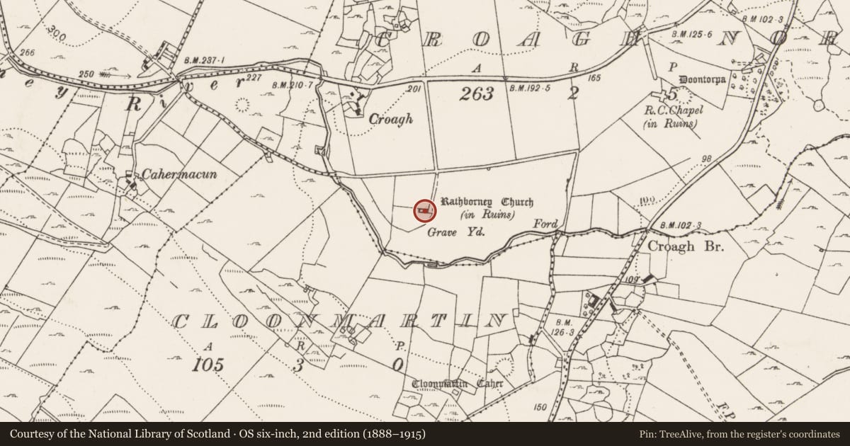 Ordnance Survey six-inch map, 2nd edition (1888–1915) covering the location of Church, Croagh North, County Clare, with a pin at the register's coordinates
