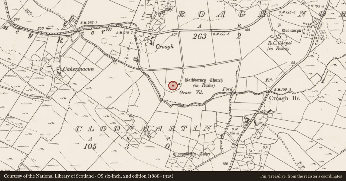Ordnance Survey six-inch map, 2nd edition (1888–1915) covering the location of Graveyard, Croagh North, County Clare, with a pin at the register's coordinates