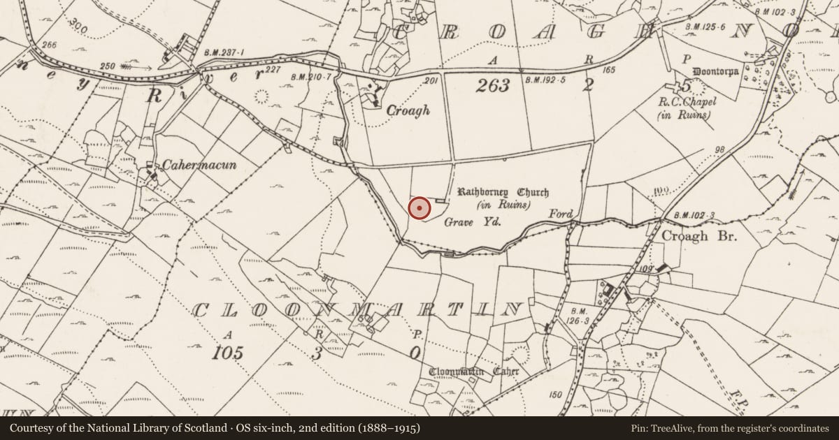 Ordnance Survey six-inch map, 2nd edition (1888–1915) covering the location of Souterrain, Croagh North, County Clare, with a pin at the register's coordinates