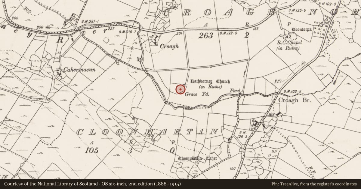 Ordnance Survey six-inch map, 2nd edition (1888–1915) covering the location of Bullaun stone, Croagh North, County Clare, with a pin at the register's coordinates