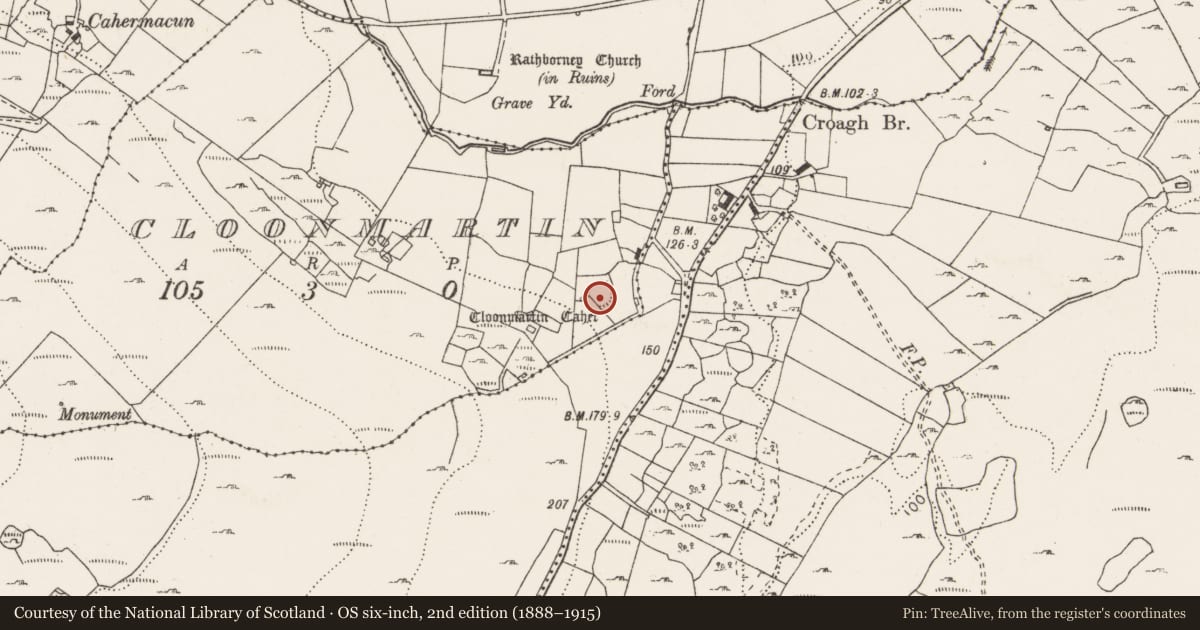 Ordnance Survey six-inch map, 2nd edition (1888–1915) covering the location of Ringfort - cashel, Cloonmartin, County Clare, with a pin at the register's coordinates