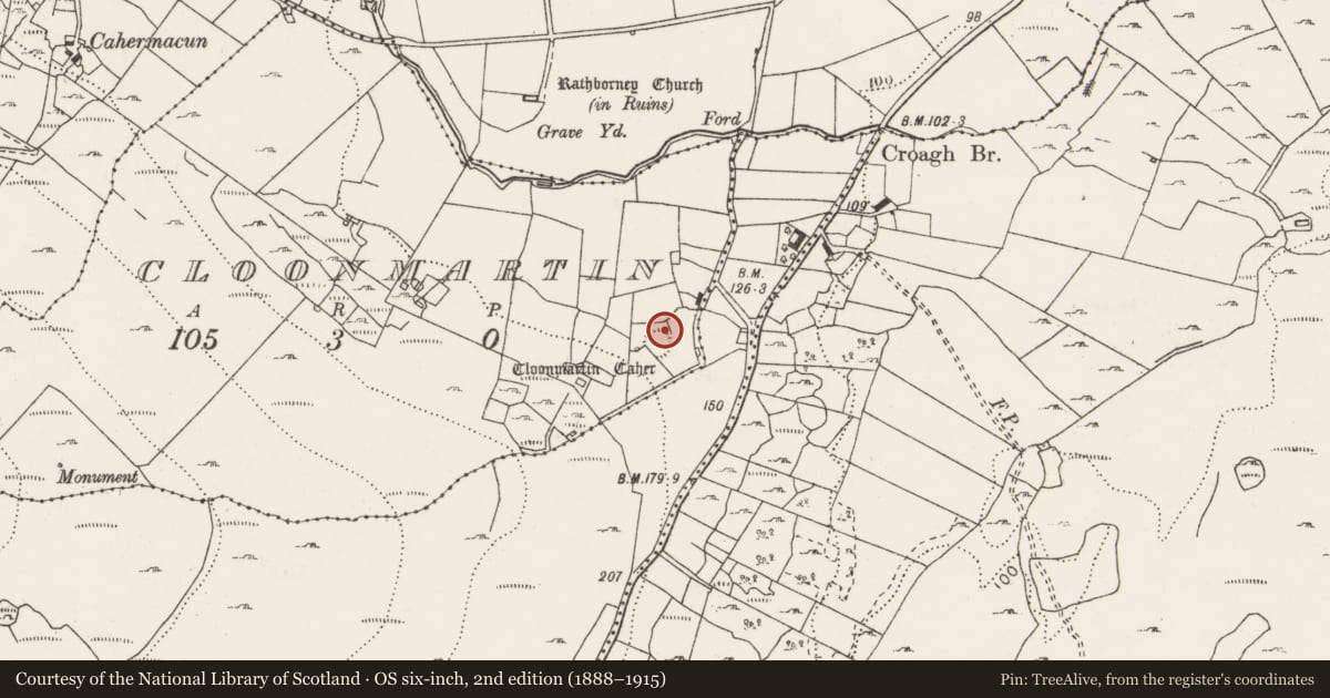 Ordnance Survey six-inch map, 2nd edition (1888–1915) covering the location of Ringfort - cashel, Cloonmartin, County Clare, with a pin at the register's coordinates