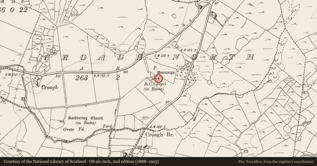 Ordnance Survey six-inch map, 2nd edition (1888–1915) covering the location of Ringfort - rath, Croagh North, County Clare, with a pin at the register's coordinates