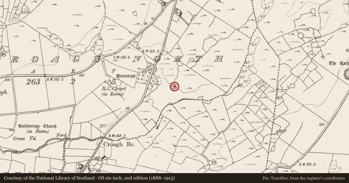 Ordnance Survey six-inch map, 2nd edition (1888–1915) covering the location of Enclosure, Croagh North, County Clare, with a pin at the register's coordinates