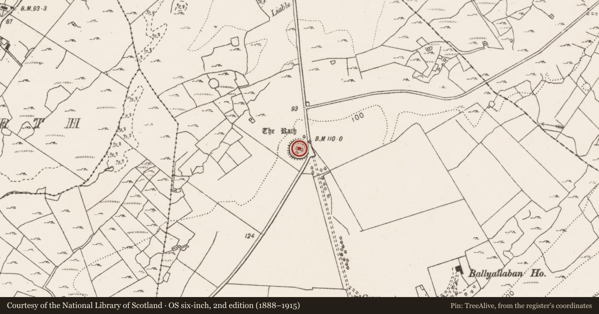 Ordnance Survey six-inch map, 2nd edition (1888–1915) covering the location of Ringfort - rath, Ballyallaban, County Clare, with a pin at the register's coordinates