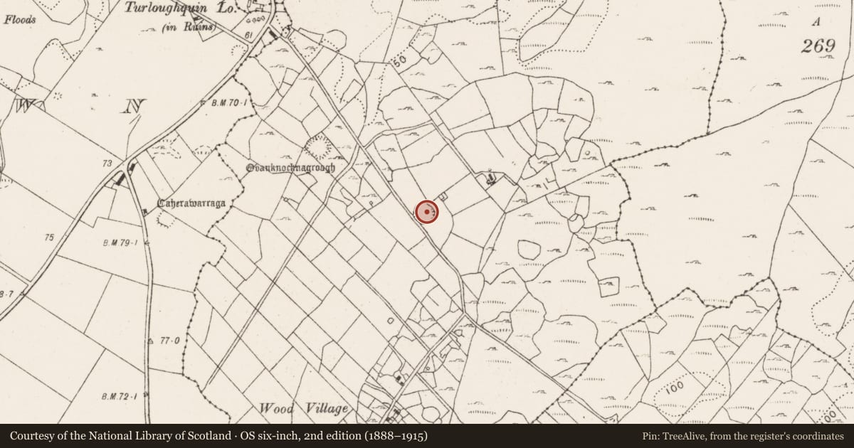 Ordnance Survey six-inch map, 2nd edition (1888–1915) covering the location of Ringfort - cashel, Knocknagroagh, County Clare, with a pin at the register's coordinates