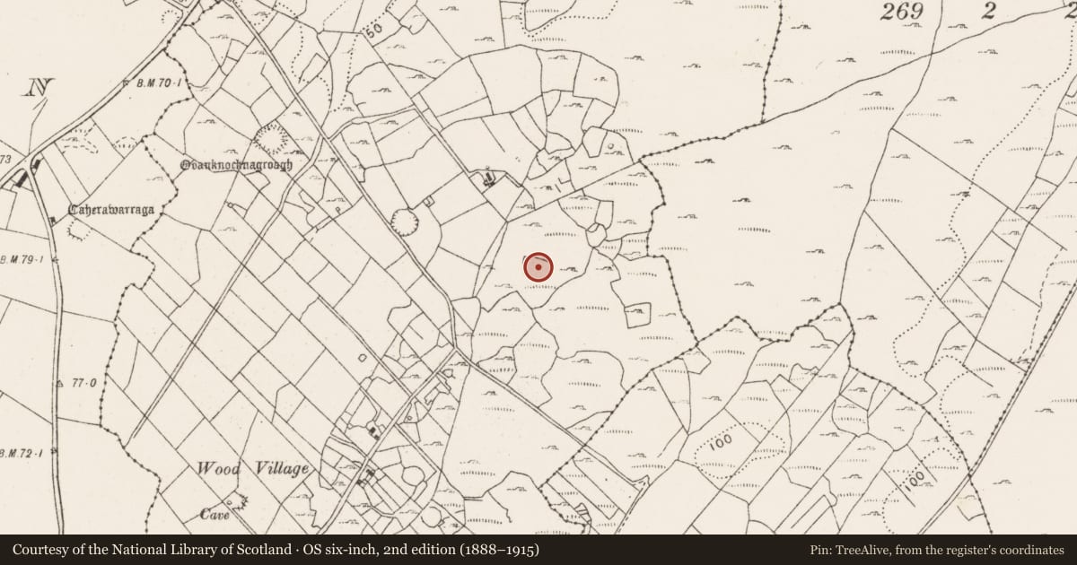 Ordnance Survey six-inch map, 2nd edition (1888–1915) covering the location of Enclosure, Knocknagroagh, County Clare, with a pin at the register's coordinates