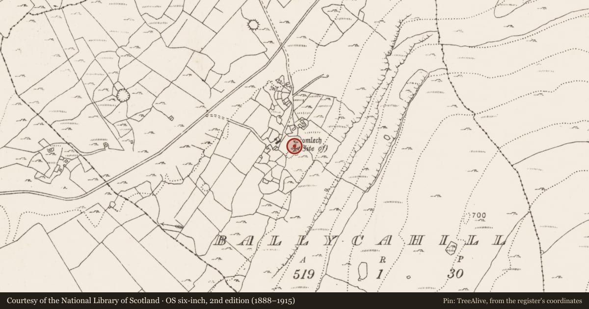 Ordnance Survey six-inch map, 2nd edition (1888–1915) covering the location of Megalithic tomb - unclassified, Ballycahill, County Clare, with a pin at the register's coordinates