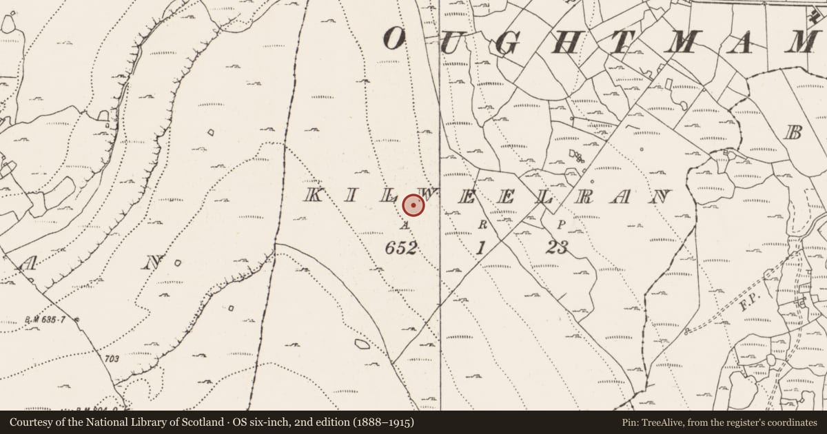 Ordnance Survey six-inch map, 2nd edition (1888–1915) covering the location of Cairn - unclassified, Kilweelran, County Clare, with a pin at the register's coordinates