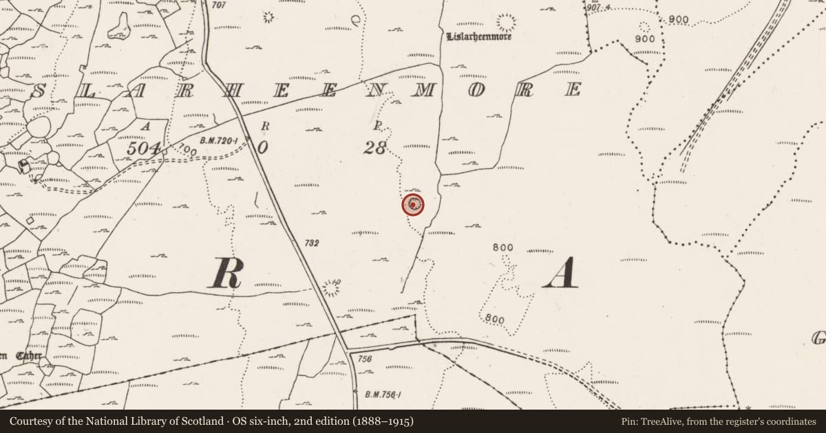 Ordnance Survey six-inch map, 2nd edition (1888–1915) covering the location of Ringfort - cashel, Lislarheenmore, County Clare, with a pin at the register's coordinates