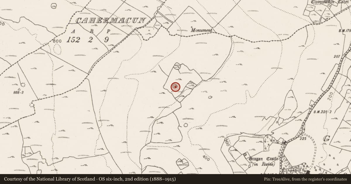 Ordnance Survey six-inch map, 2nd edition (1888–1915) covering the location of Ringfort - cashel, Gragan West, County Clare, with a pin at the register's coordinates