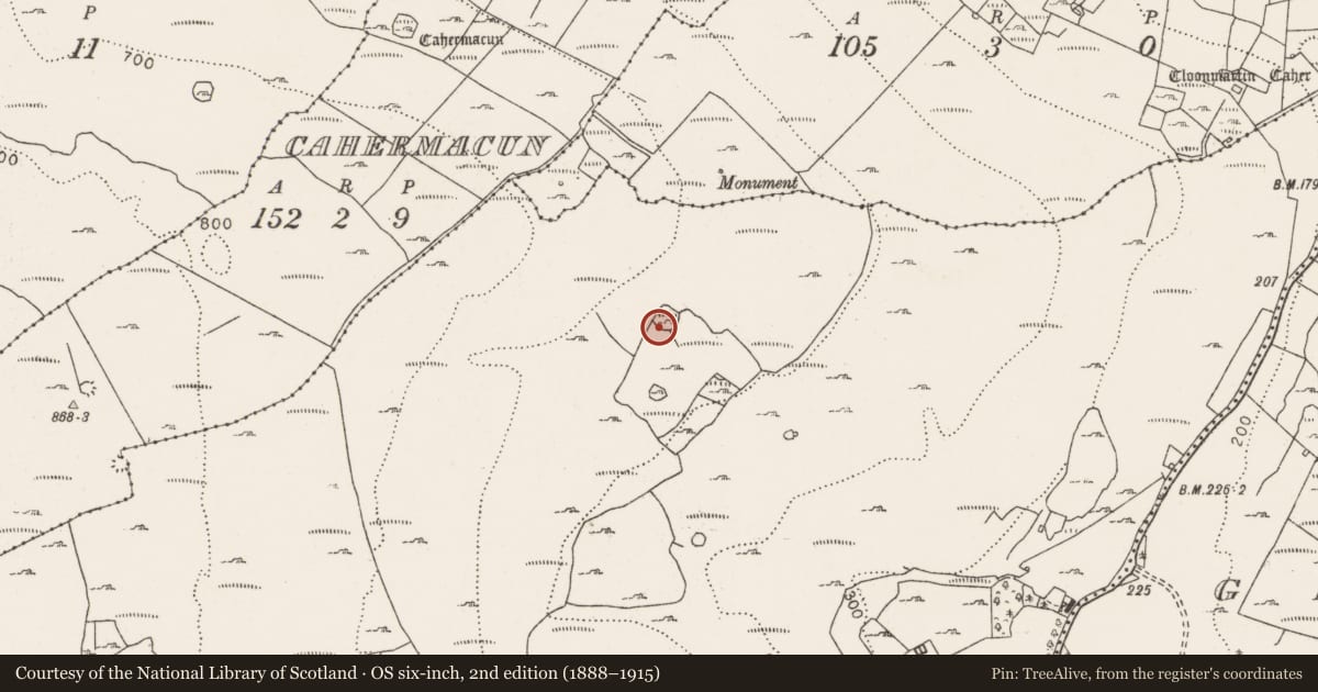 Ordnance Survey six-inch map, 2nd edition (1888–1915) covering the location of Hut site, Gragan West, County Clare, with a pin at the register's coordinates