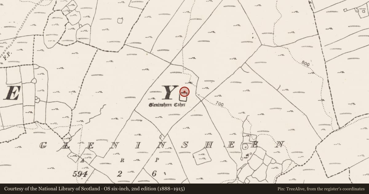 Ordnance Survey six-inch map, 2nd edition (1888–1915) covering the location of Hut site, Gleninsheen, County Clare, with a pin at the register's coordinates