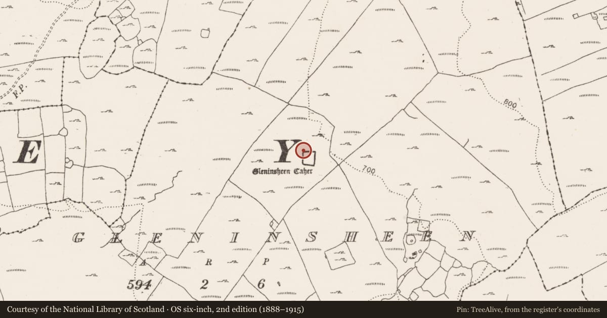 Ordnance Survey six-inch map, 2nd edition (1888–1915) covering the location of Hut site, Gleninsheen, County Clare, with a pin at the register's coordinates