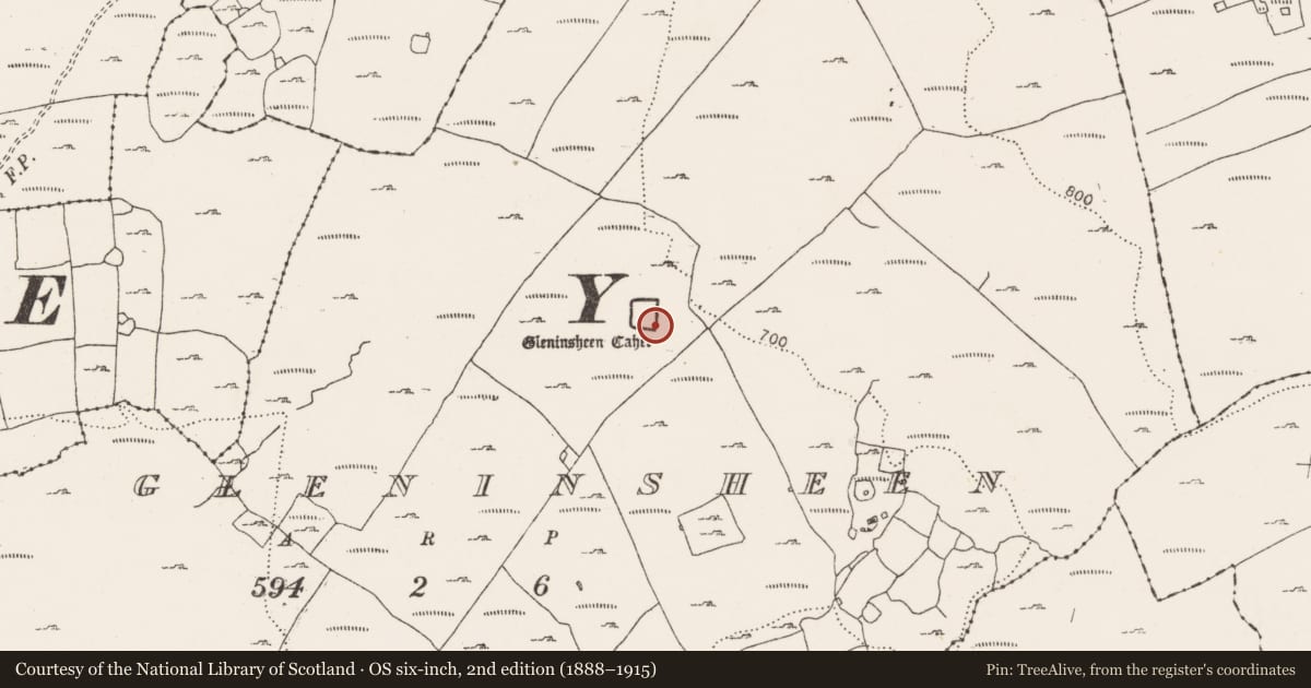 Ordnance Survey six-inch map, 2nd edition (1888–1915) covering the location of Hut site, Gleninsheen, County Clare, with a pin at the register's coordinates