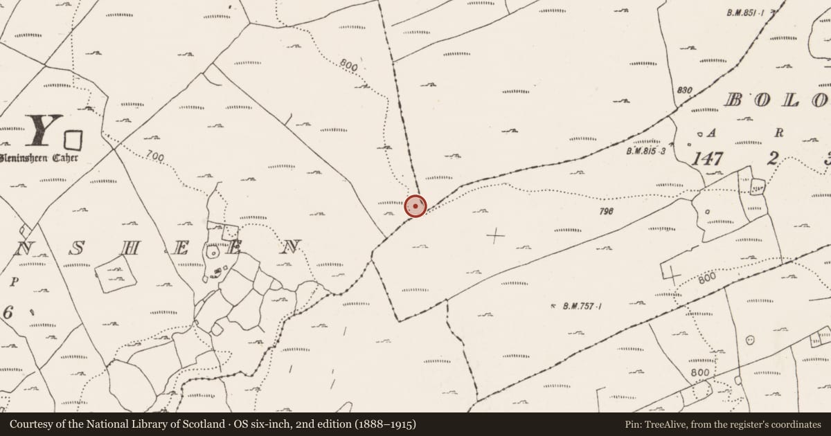 Ordnance Survey six-inch map, 2nd edition (1888–1915) covering the location of Barrow - ring-barrow, Gleninsheen, County Clare, with a pin at the register's coordinates