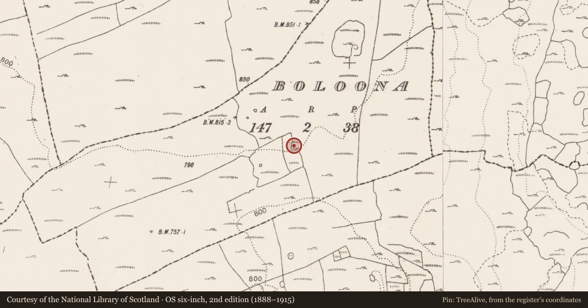 Ordnance Survey six-inch map, 2nd edition (1888–1915) covering the location of Ringfort - cashel, Boloona, County Clare, with a pin at the register's coordinates