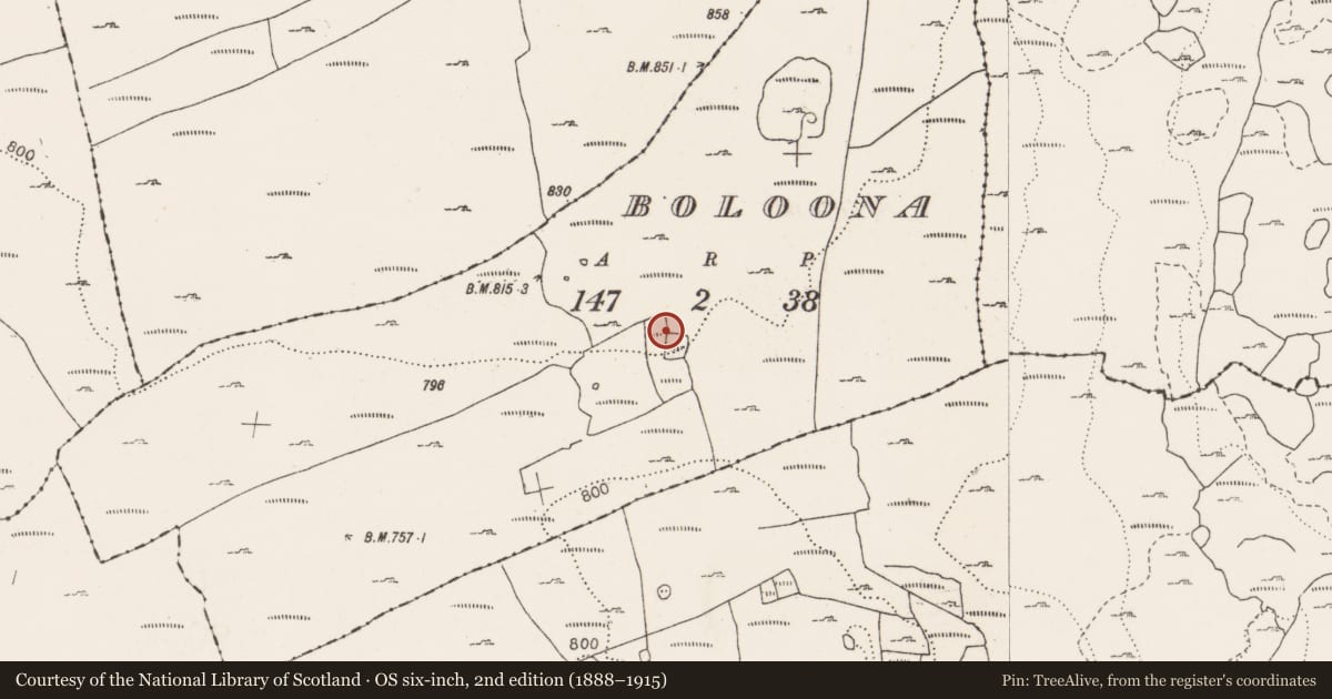 Ordnance Survey six-inch map, 2nd edition (1888–1915) covering the location of Hut site, Boloona, County Clare, with a pin at the register's coordinates