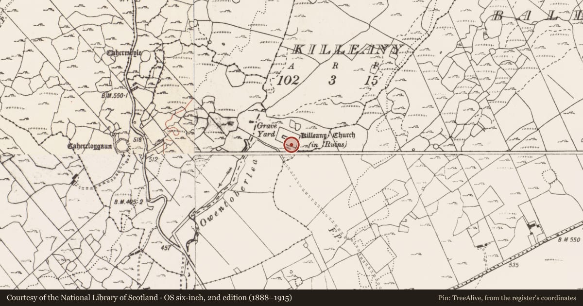 Ordnance Survey six-inch map, 2nd edition (1888–1915) covering the location of Penitential station, Killeany, County Clare, with a pin at the register's coordinates