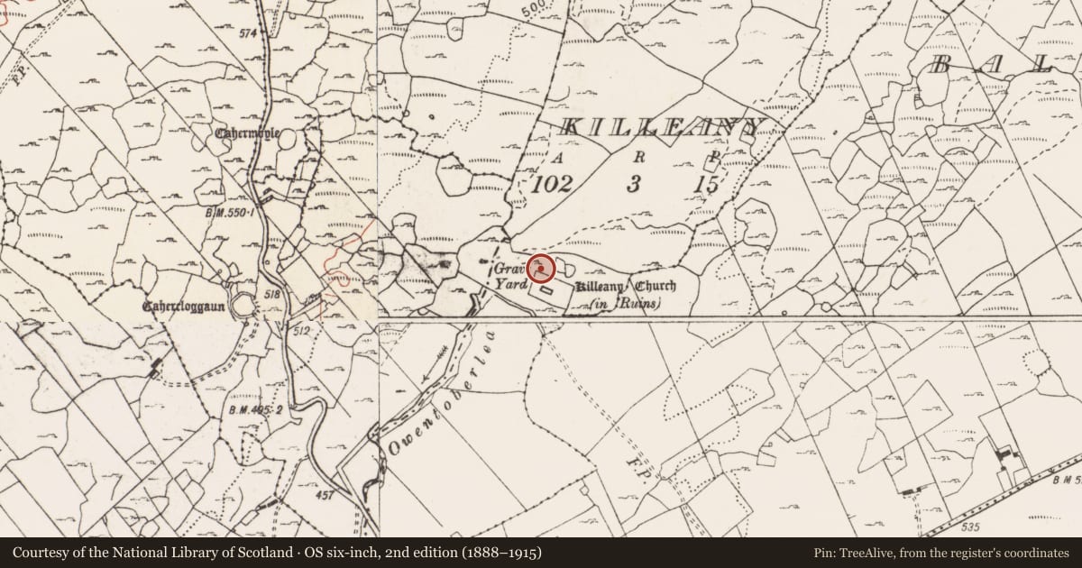 Ordnance Survey six-inch map, 2nd edition (1888–1915) covering the location of House - indeterminate date, Killeany, County Clare, with a pin at the register's coordinates