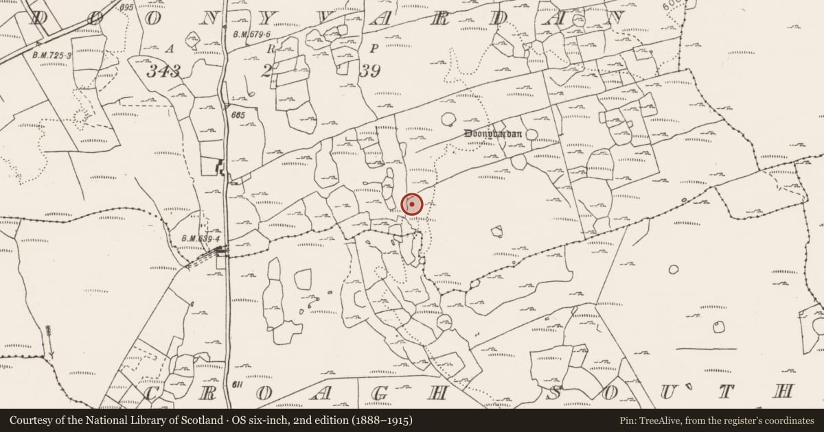 Ordnance Survey six-inch map, 2nd edition (1888–1915) covering the location of Enclosure, Doonyvardan, County Clare, with a pin at the register's coordinates