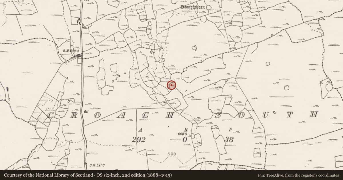 Ordnance Survey six-inch map, 2nd edition (1888–1915) covering the location of Enclosure, Croagh South, County Clare, with a pin at the register's coordinates