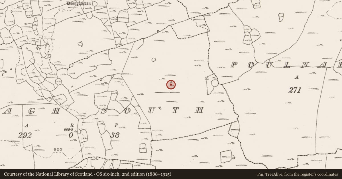 Ordnance Survey six-inch map, 2nd edition (1888–1915) covering the location of Ringfort - cashel, Croagh South, County Clare, with a pin at the register's coordinates