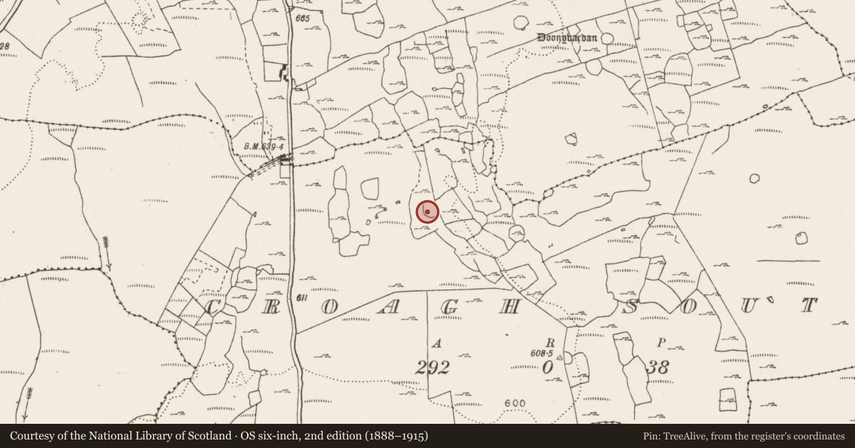 Ordnance Survey six-inch map, 2nd edition (1888–1915) covering the location of Enclosure, Croagh South, County Clare, with a pin at the register's coordinates