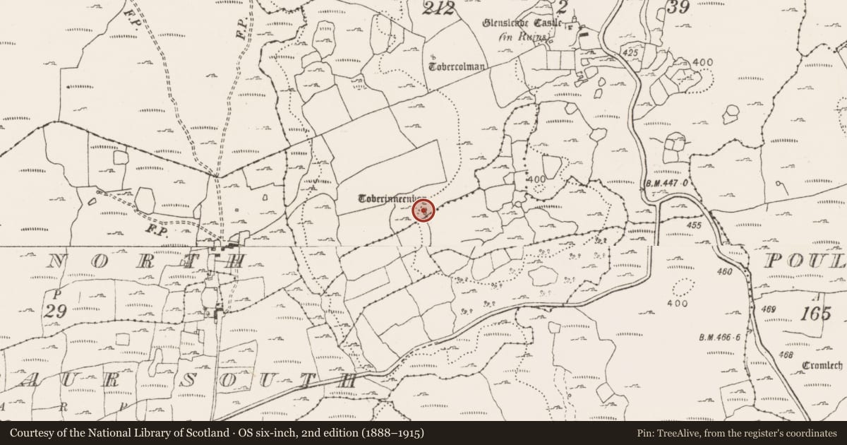 Ordnance Survey six-inch map, 2nd edition (1888–1915) covering the location of Ritual site - holy well, Glensleade, County Clare, with a pin at the register's coordinates
