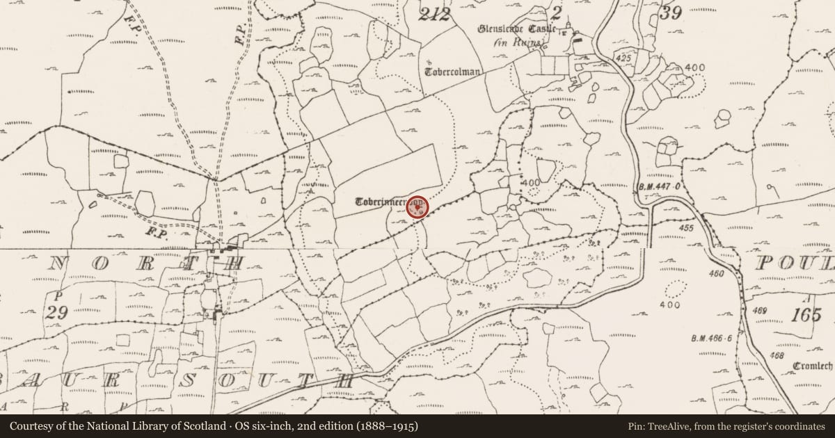 Ordnance Survey six-inch map, 2nd edition (1888–1915) covering the location of Penitential station, Glensleade, County Clare, with a pin at the register's coordinates