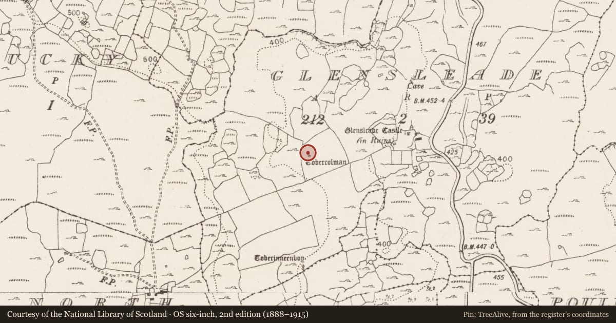Ordnance Survey six-inch map, 2nd edition (1888–1915) covering the location of Ritual site - holy well, Glensleade, County Clare, with a pin at the register's coordinates