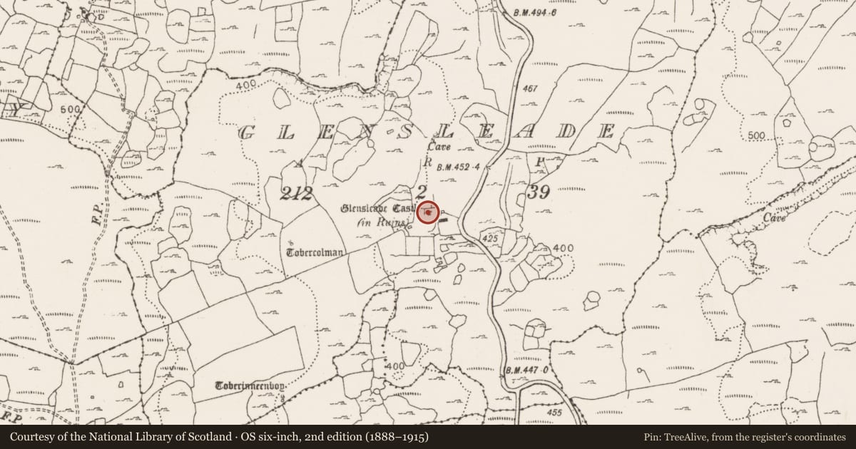 Ordnance Survey six-inch map, 2nd edition (1888–1915) covering the location of Castle - tower house, Glensleade, County Clare, with a pin at the register's coordinates