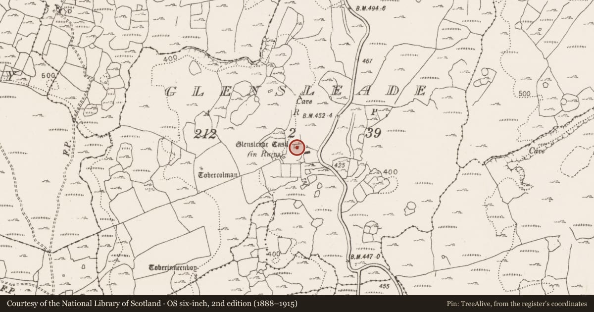 Ordnance Survey six-inch map, 2nd edition (1888–1915) covering the location of Bawn, Glensleade, County Clare, with a pin at the register's coordinates