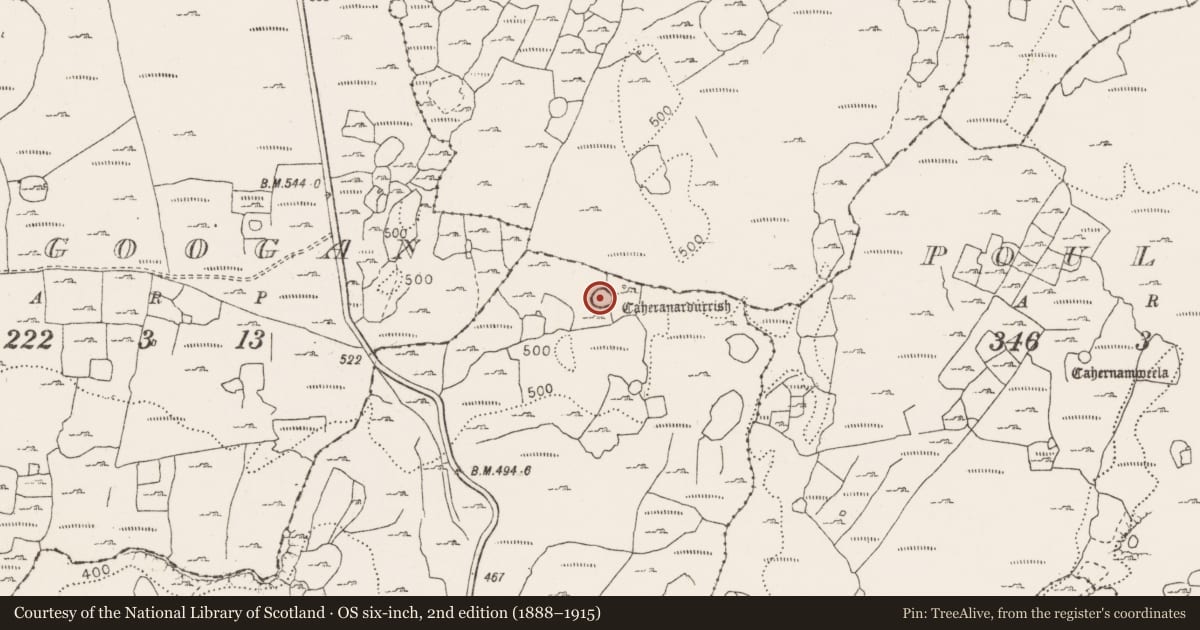 Ordnance Survey six-inch map, 2nd edition (1888–1915) covering the location of Ringfort - cashel, Glensleade, County Clare, with a pin at the register's coordinates