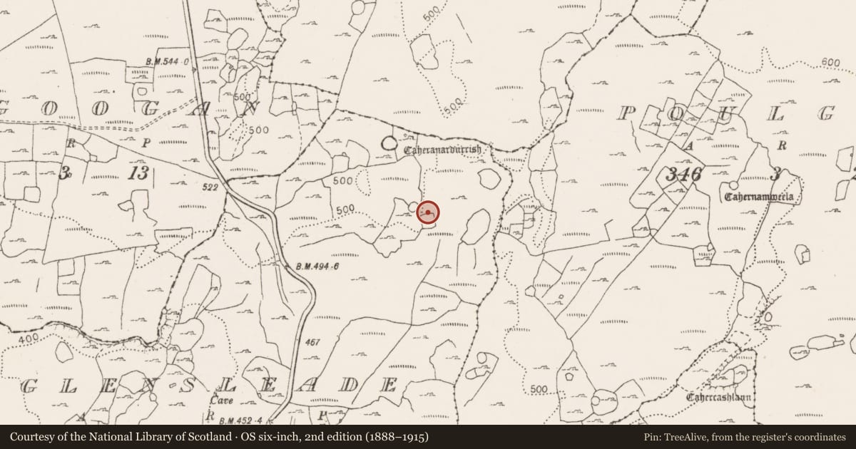 Ordnance Survey six-inch map, 2nd edition (1888–1915) covering the location of Souterrain, County Clare, with a pin at the register's coordinates