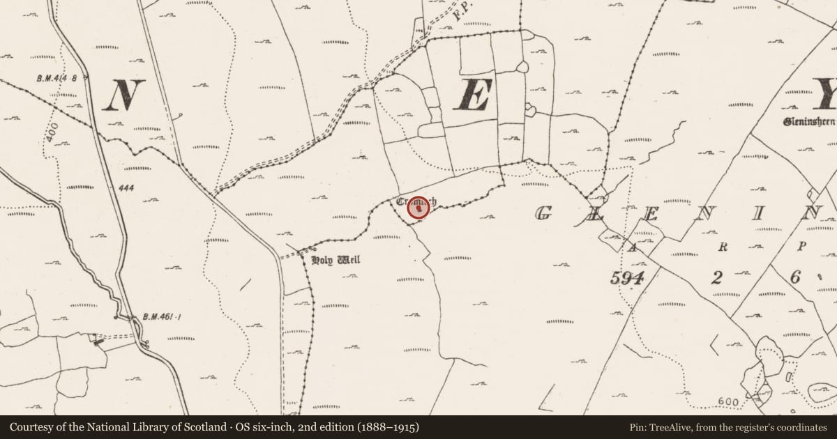Ordnance Survey six-inch map, 2nd edition (1888–1915) covering the location of Megalithic tomb - wedge tomb, Berneens, County Clare, with a pin at the register's coordinates