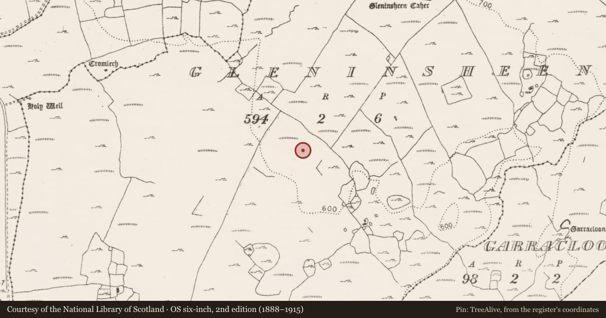 Ordnance Survey six-inch map, 2nd edition (1888–1915) covering the location of Hut site, Gleninsheen, County Clare, with a pin at the register's coordinates