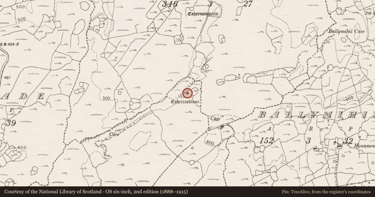 Ordnance Survey six-inch map, 2nd edition (1888–1915) covering the location of Souterrain, Poulgorm, County Clare, with a pin at the register's coordinates