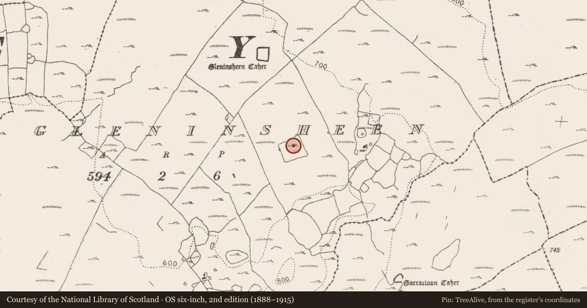 Ordnance Survey six-inch map, 2nd edition (1888–1915) covering the location of Enclosure, Gleninsheen, County Clare, with a pin at the register's coordinates