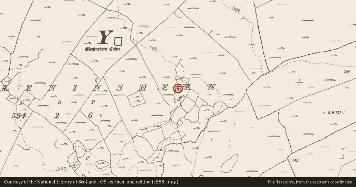 Ordnance Survey six-inch map, 2nd edition (1888–1915) covering the location of Ringfort - cashel, Gleninsheen, County Clare, with a pin at the register's coordinates